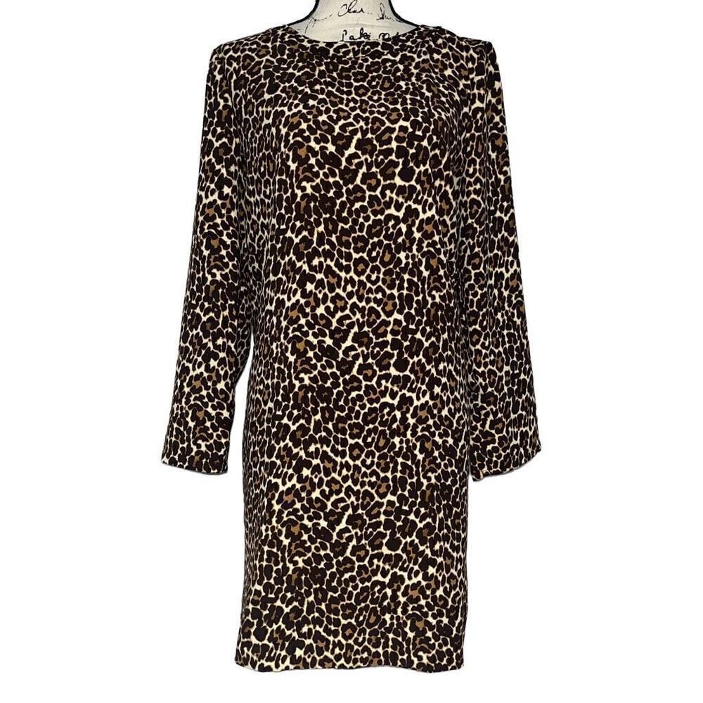 J.Crew Leopard Print Long Sleeve Shift Dress Brown Tan Black Size 10‎